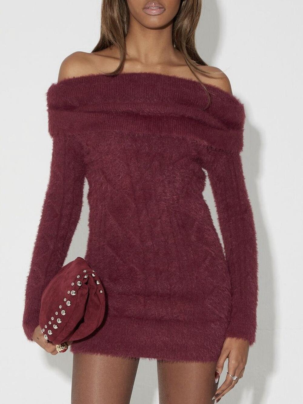 The Kript Yelena Fuzzy Cable Knit Bodycon Sweater Dress XS Off Shoulder Long Slv